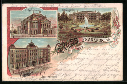 Lithographie Frankfurt A. M., Opernhaus, Palmengarten, Neue Hauptpost  - Frankfurt A. Main
