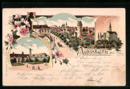 Lithographie Augsburg, Teilansicht Mit Strassenpartie, Schloss Wöllenburg, Königliche Regierung  - Augsburg