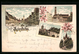 Lithographie Augsburg, Rotes Tor, Jakoberstrasse, St. Ulrichskirche, Fünfgradturm  - Augsburg