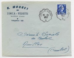 FRANCE MULLER 20FR LETTRE ENTETE A MOURET SIMCA VEDETTE MAURIAC CANTAL + CONVOYEUR AURILLAC A BORT 18.10.1957 - 1921-1960: Période Moderne