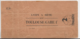 COLLER DE SAC LYON A SETE POUR TOULOUSE GARE 1° AMBULANT LYON A SETE 1951 D - Bahnpost