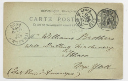 ENTIER SAGE 10C CP TYPE A GARE DE NIMES 10 AVRIL 1896 GARD POUR NEW YORK - Poste Ferroviaire
