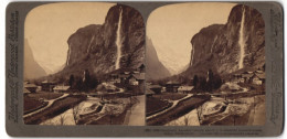 Stereo-Fotografie Underwood & Underwood, New York, Ansicht Lauterbrunnen, Straubachfall Mit Ortspartie  - Stereoscoop