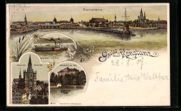 Lithographie Konstanz, Ortsansicht Mit Bodensee-Dampfer  - Konstanz