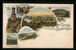 Lithographie Rochlitz, Rochlitzer Berg, Waldschlösschen Im Muldenthal, Friedrich August-Turm, Göhrener Brücke  - Rochlitz