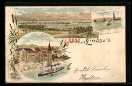Lithographie Lindau I. B., Hotel Helvetia, Hafeneinfahrt Und Blick Auf Den Bodensee  - Lindau A. Bodensee