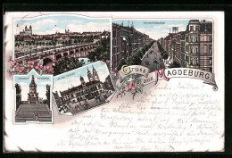 Lithographie Magdeburg, Kaiserstrasse, Brücke, Alter Markt  - Magdeburg