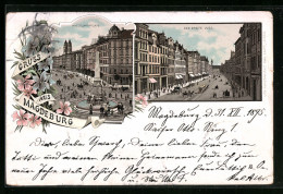 Vorläufer-Lithographie Magdeburg, Hasselbachplatz, Der Breite Weg 1895  - Maagdenburg
