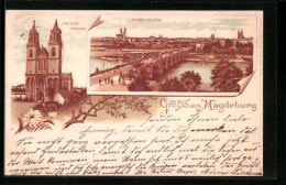 Lithographie Magdeburg, Westseite Vom Dom Und Brücke über Der Elbe  - Maagdenburg