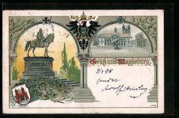 Lithographie Magdeburg, Kaiser Wilhelm-Denkmal, Reichsadler, Wappen  - Maagdenburg