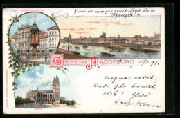 Lithographie Magdeburg, Kaiser Otto Denkmal, Dom, Panorama Am Hafen  - Magdeburg