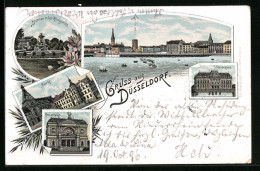 Lithographie Düsseldorf, Kunsthalle, Brunnen In Der Königsallee, Markt, Ständehaus, Totalansicht  - Düsseldorf