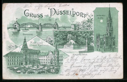 Lithographie Düsseldorf, Johannis-Kirche, Kriegerdenkmal, Rheinbrücke  - Düsseldorf