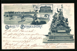 Lithographie Düsseldorf, Provinzial-Denkmal, Ständehaus, Neue Rheinbrücke  - Düsseldorf
