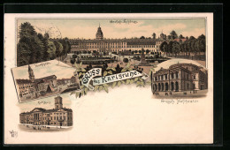 Lithographie Karlsruhe I. B., Marktplatz, Grossh. Schloss, Festhalle, Rathaus  - Karlsruhe