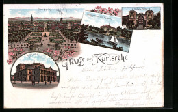 Lithographie Karlsruhe, Hoftheater, Stadtgartensee, Festhalle, Ortspanorama  - Theatre