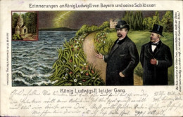 Lithographie Roi Ludwigs II. Letzter Gang, Erinnerungen An Den Roi Und Seine Schlösser - Familles Royales