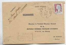 MARIANNE DECARIS 25C CARTE  RECOMMANDEE PERFORATION D' ASSURANCE CONVOYEUR PARIS A LYON 1.12.1962 - Spoorwegpost