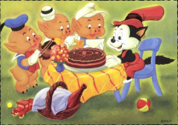Artiste CPA Walt Disney, Die Drei Kleinen Schweinchen, Wölfchen, Geburtstagskuchen - Juegos Y Juguetes