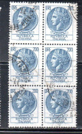 ITALIA REPUBBLICA ITALY REPUBLIC 1968 - 1976 SIRACUSANA TURRITA STELLE STARS LIRE 200 BLOCCO USATO BLOCK USED OBLITERE' - 1961-70: Usati