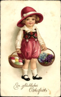 CPA Glückwunsch Ostern, Kind Mit Blumenkorb Und Ostereiern - Pâques