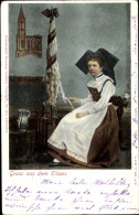 CPA Gruß Aus Dem Elsass, Frau In Tracht Am Spinnrad - Costumes