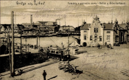 CPA Libau Lettland, Straßenbahn, Hafen, Gebäude, Brücke - Letonia