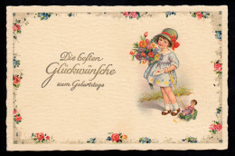 AK Glückwünsche Geburtstag: Mädchen Mit Blumen Und Puppe, HALBERSTADT 4.1.1932 - Andere & Zonder Classificatie