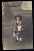 AK Glückwünsche Geburtstag: Junge Violette Jacke Karte Blumen, HILGEN 27.4.1914 - Andere & Zonder Classificatie