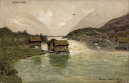 Artiste CPA Eneret, J. F., Norwegen, Nordfjord, Häuser Am Ufer, Brücke - Norway