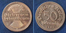 50 Pfennig Weimarer Republik 1921 G  Jäger 301 (n381 - 50 Renten- & 50 Reichspfennig