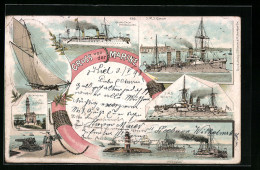 Lithographie Kriegsschiffe SMS Gefion, SMS Wörth, Kaiserl. Yacht Hohenzollern, Ostasiengeschwader  - Chine