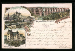Vorläufer-Lithographie Netzschkau, 1895, Kaiser Schloss Mylau, Göltzschthalbrücke, Schloss Netzschkau  - Mylau