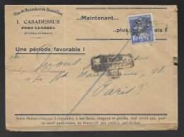 Port Vendres. Enveloppe Publicitaire Casadessus, Retournée à L'envoyeur, Voyagée En 1933, Semeuse 10c Bleu Préoblitéré - 1921-1960: Modern Tijdperk