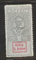 ROMANIA WW1 OCCUPATION GERMANY 9TH ARMY REVENUE 1918 30 BANI GREY HM BF#26 - Revenue Stamps