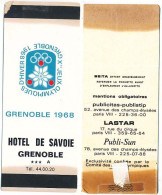 Pochette Pour Allumettes HOTEL De SAVOIE   Xèmes Jeux Olympiques D'Hiver De GRENOBLE 1968 Olympic Games 68 - Cajas De Cerillas (fósforos)