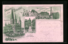 Lithographie Bonn, Münsterkirche Mit Anlagen, Marktplatz Und Ernst Moritz Arndt-Denkmal  - Muenster