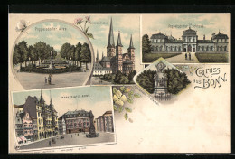 Lithographie Bonn, Poppelsdorfer Schloss Und Allee, Münsterkirche, Marktplatz  - Münster