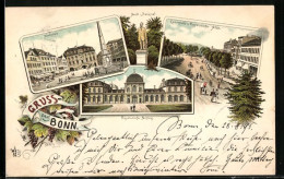 Vorläufer-Lithographie Bonn, 1895, Marktplatz, Arndt-Denkmal, Poppelsdorfer Schloss, Kaiserplatz  - Bonn