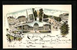 Lithographie Bonn, Poppelsdorfer Schloss, Kaiserplatz Mit Poppelsdorfer Allee, Marktplatz  - Bonn