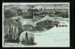 Mondschein-Lithographie Bonn, Bahnhof, Marktplatz, Beethoven-Denkmal, Ortsansicht Vom Venusberg Aus  - Bonn