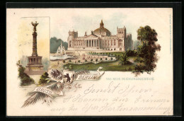 Lithographie Berlin-Tiergarten, Siegessäule Und Reichstagsgebäude, Mit Stadtwappen  - Dierentuin