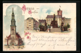 Lithographie Berlin, Marienkirche, Das Luther-Denkmal, Neuer Markt  - Mitte