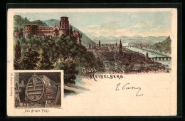 Lithographie Heidelberg, Panoramaansicht, Das Grosse Fass  - Heidelberg