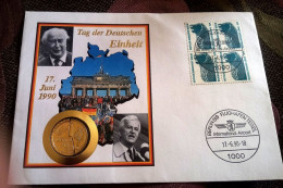 GERMANY 1990, Numismatic FDC Of The REUNIFICATION COIN Cover With Cracked Golden Mark. - Autres & Non Classés