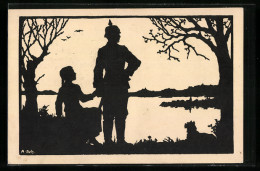 Künstler-AK Anna Schirmer: Soldat Mit Seiner Geliebten An Einem See, Hund, Silhouette  - Other & Unclassified