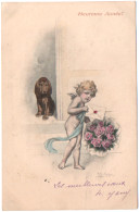 Illustrateur :  WICHERA  : Ange - Chien - Fleurs : Heureuse Année - Nouvel An : Précurseur : 1903 - Wichera