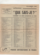Paris Classement Des Titres De La Collection QUE SAIS-JE, ?  Novembre 1965 (PPP47372) - Publicités