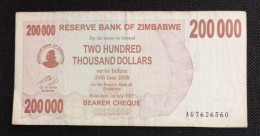 Billet 200000 Dollars 2008 Zimbabwe Afrique P49 - Zimbabwe