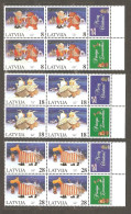 Latvia: Full Set Of 3 Mint Stamps In Block Of 4 With Different Coupons, Christmas, 1997, Mi#471-473, MNH. - Christmas